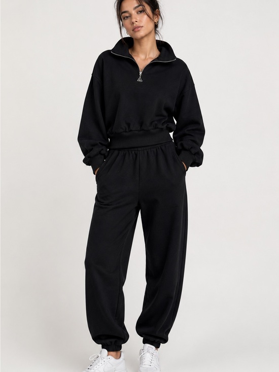Affordable Fashion Finds Tops - Black Half Zip Lounge Set Sweatshirt Jogger Set crop streetwear relax y2k Size M